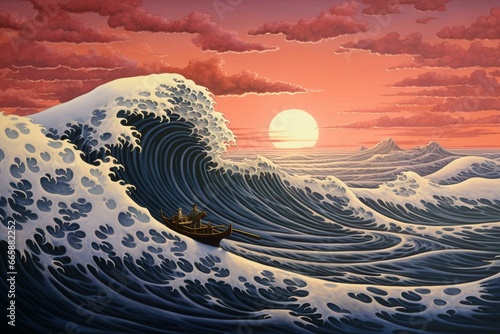 Enjoying the ocean alongside enchanting Japanese artwork. Generative AI