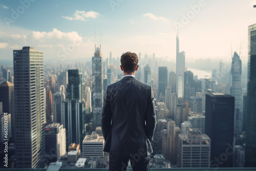 高層ビルが建ち並ぶ街を眺めるビジネスマン