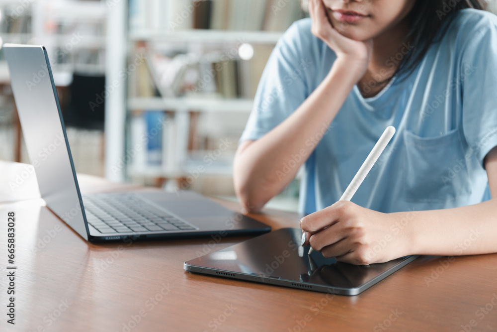 girl student study online with teacher, happy young woman with internet learning in library, distance education girl student study online with teacher, happy young woman with internet learning in library, distance education