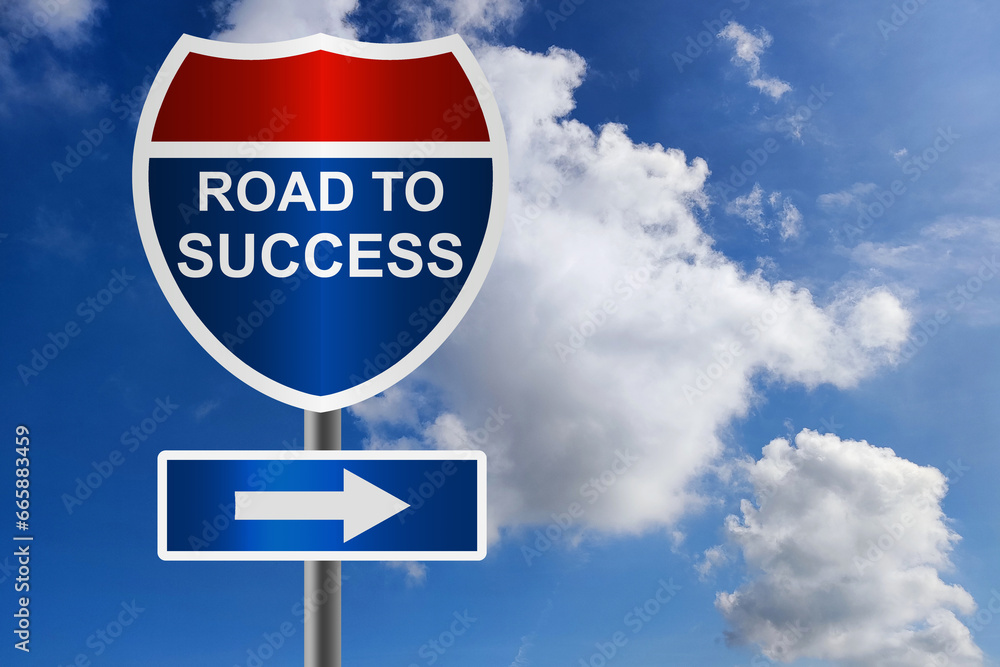 Road to success with red and blue road sign Road to success with red and blue road sign