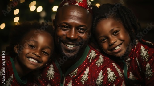 A loving father and kids, cozy in matching holiday pajamas 