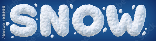 Word SNOW made of snow isolated on blue background. Winter snow 3d letters for New Year celebration, greeting card, postcard, poster, banner. Vector illustration