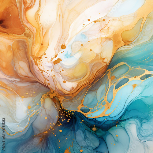 Abstract background of acrylic paint in blue  orange and yellow tones. Liquid marble texture