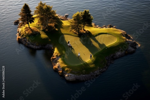 A drone photo of golfers putting on Moen Island. Generative AI photo