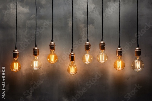 Artistic portrayal of vintage lightbulbs on a concrete background. Generative AI