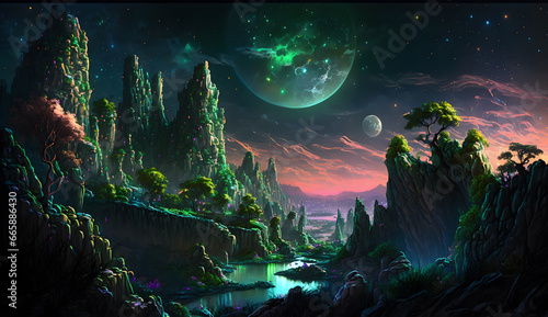 landscape with the moon and stars  fantasy background lanscape  Digital painting background