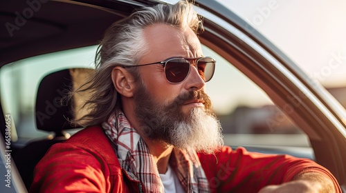 An exuberant, bearded senior man relishing a summer road trip in Italy, embarking on a luxurious cabrio adventure, living a life of wealth and freedom.