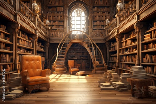 3D rendered library with vintage books neatly arranged on shelves. Generative AI