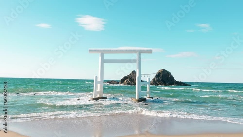 福岡糸島夫婦岩Torii gate at Futamigaura Meoto Iwa beach in Itoshima Fukuoka Japan