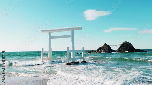 福岡糸島夫婦岩Torii gate at Futamigaura Meoto Iwa beach in Itoshima Fukuoka Japan