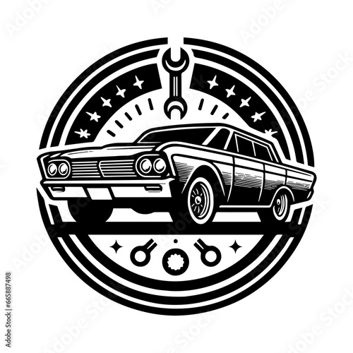 A single-color vector PNG emblem on a transparent background, displaying the silhouette of a classic car, crafted with both fine and thick lines for a distinct and clear representation