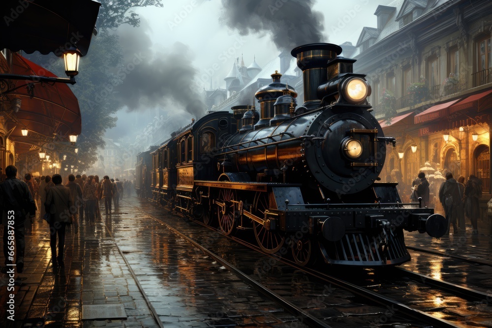 Vintage train station with steam locomotives and passengers