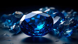 Close-up of a bright blue sparkling sapphire mineral. blurred background