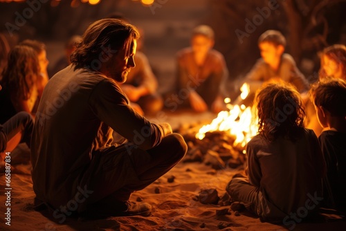 Traditional storyteller captivating audience, desert campfire setting. photo