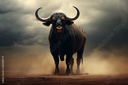 An enormous dark bull standing alone against a simple backdrop. Generative AI