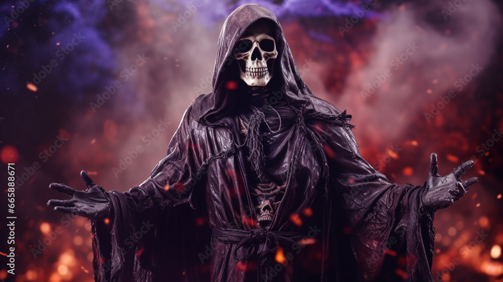 Scary grim reaper in the dark with fire and smoke background generativa IA