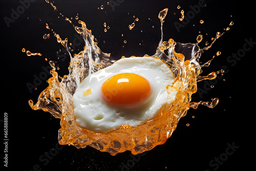 Fried egg flying in motion on dark background, generative ai photo