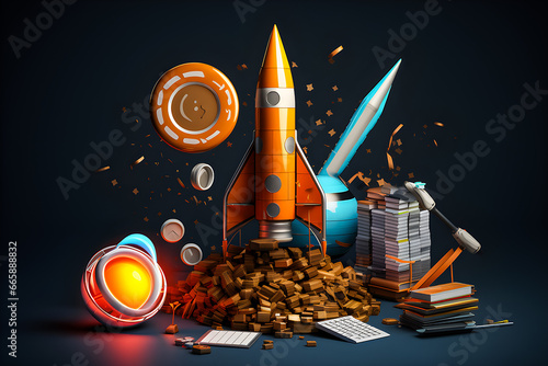 3D rendering concept of space exploration. Set with Rocket, cup, light bulb, magic wand, coins, generative ai