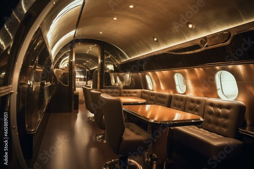 Opulent airplane cabin showcasing plush leather seats and lavish interior design. Generative AI