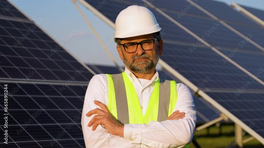 Portrait Of Senior 50s Inspector Engineer On Solar Panels Power Farm Portrait Of Senior 50s Inspector Engineer On Solar Panels Power Farm
