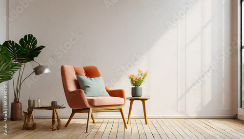 Interior of a bright living room with armchair on empty white wall background. photo