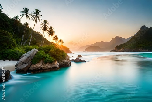 Imagine yourself on a pristine white sandy beach with crystal-clear turquoise waters, palm trees swaying gently in the breeze, and vibrant tropical flowers. This wallpaper brings a sense of relaxation