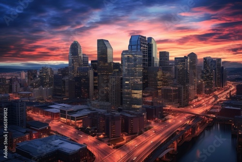 City nightscape of downtown buildings at sunset © blvdone