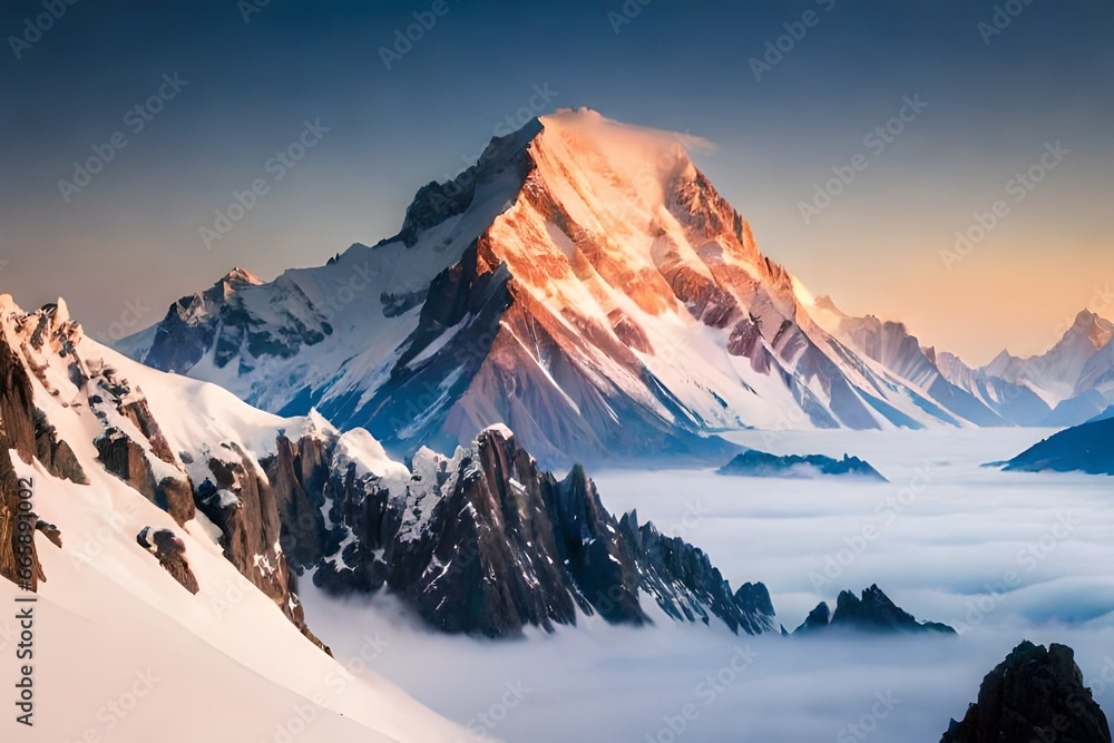 A majestic view of snow-covered mountain peaks rising above the clouds. The stark contrast between the white snow, blue sky, and rugged terrain creates a striking backdrop