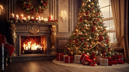 A beautifully adorned Christmas tree glistening with lights and ornaments, standing in a cozy living room with a warm fireplace. photo