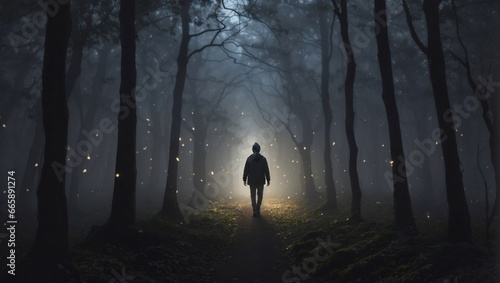 A person walking in the mysterious forest