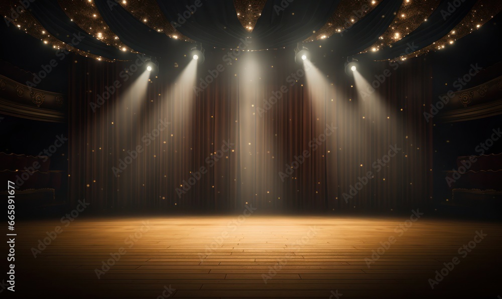 Empty Theater Stage with Spotlight and Wooden Floor - obrazy, fototapety, plakaty 