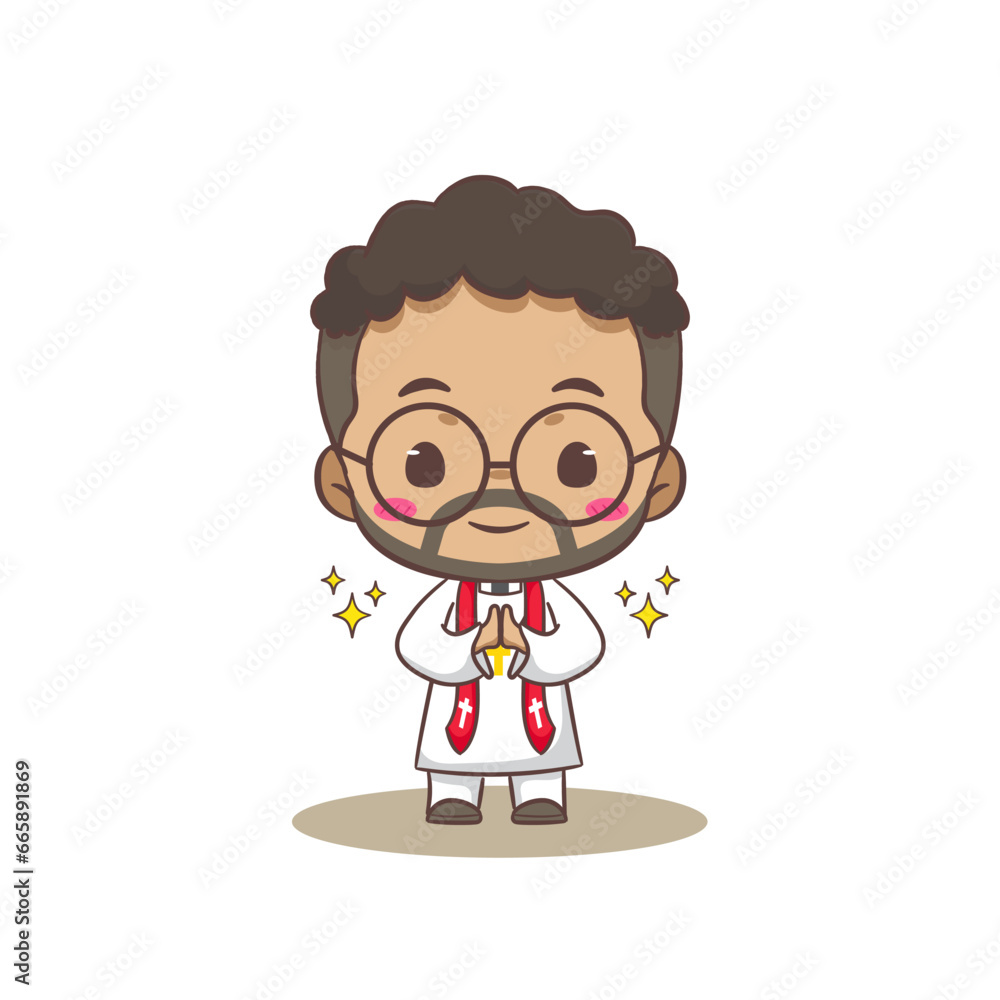 Cute priest or pastor cartoon character illustration. Christian and catholic religion concept design. Profession illustration. Adorable chibi style vector