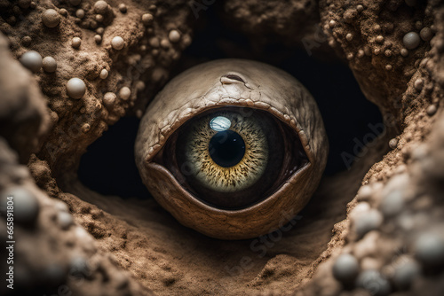 The gaze of strange eyes in the depths of a mysterious cave, creature eyeball © Natthithin