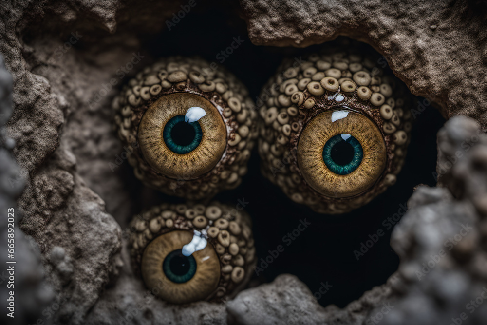 Fototapeta premium The gaze of strange eyes in the depths of a mysterious cave, creature eyeball