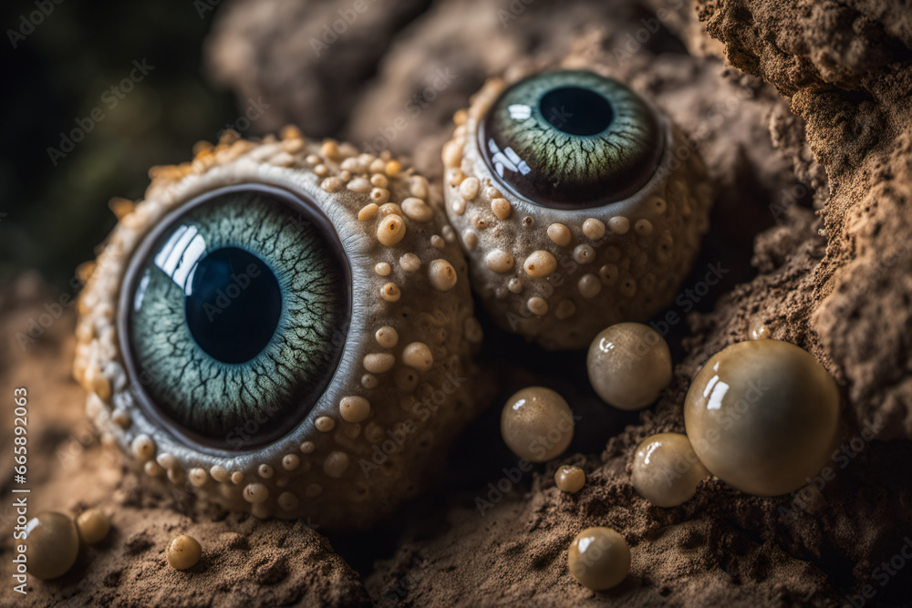 The gaze of strange eyes in the depths of a mysterious cave, creature eyeball The gaze of strange eyes in the depths of a mysterious cave, creature eyeball