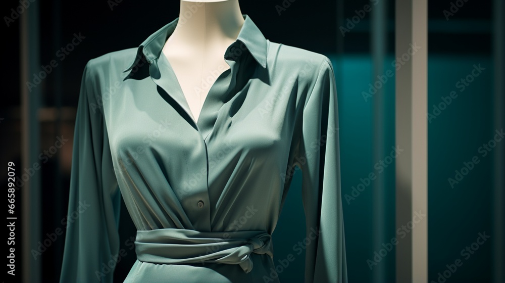 A muted teal shirt elegantly presented on a mannequin. A muted teal shirt elegantly presented on a mannequin.