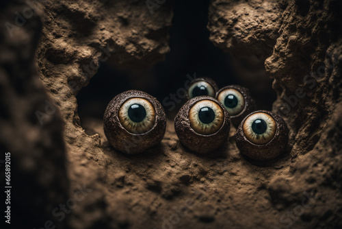 The gaze of strange eyes in the depths of a mysterious cave, creature eyeball