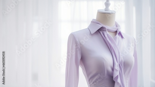 A pale lavender shirt gently placed on a mannequin with a pristine white background.