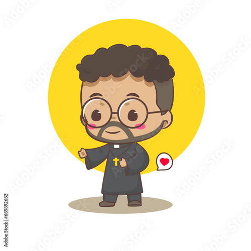Cute priest or pastor cartoon character illustration. Christian and catholic religion concept design. Profession illustration. Adorable chibi style vector