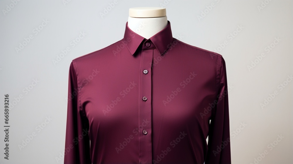 A rich maroon shirt displayed on a mannequin against a pure white background. A rich maroon shirt displayed on a mannequin against a pure white background.