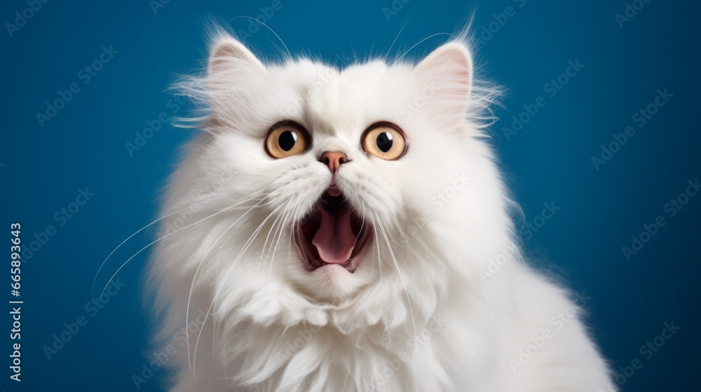 Fluffy white cat's mouth agape, exaggerated wide-eyed surprise on adorable face pops against blue background Fluffy white cat's mouth agape, exaggerated wide-eyed surprise on adorable face pops against blue background