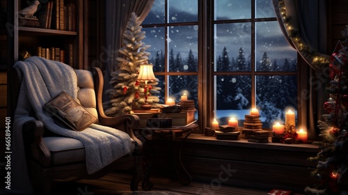 A cozy reading nook by the window  with a plush chair  a stack of Christmas books  and a view of snow falling outside.