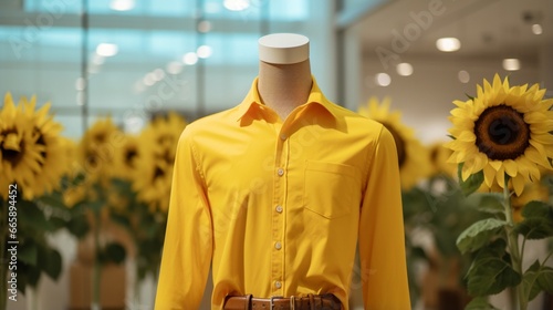 A sunflower yellow shirt, neatly showcased on a mannequin.