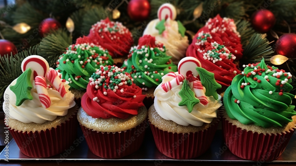 A delightful display of colorful holiday cupcakes, each one decorated with festive designs and ready to bring smiles.