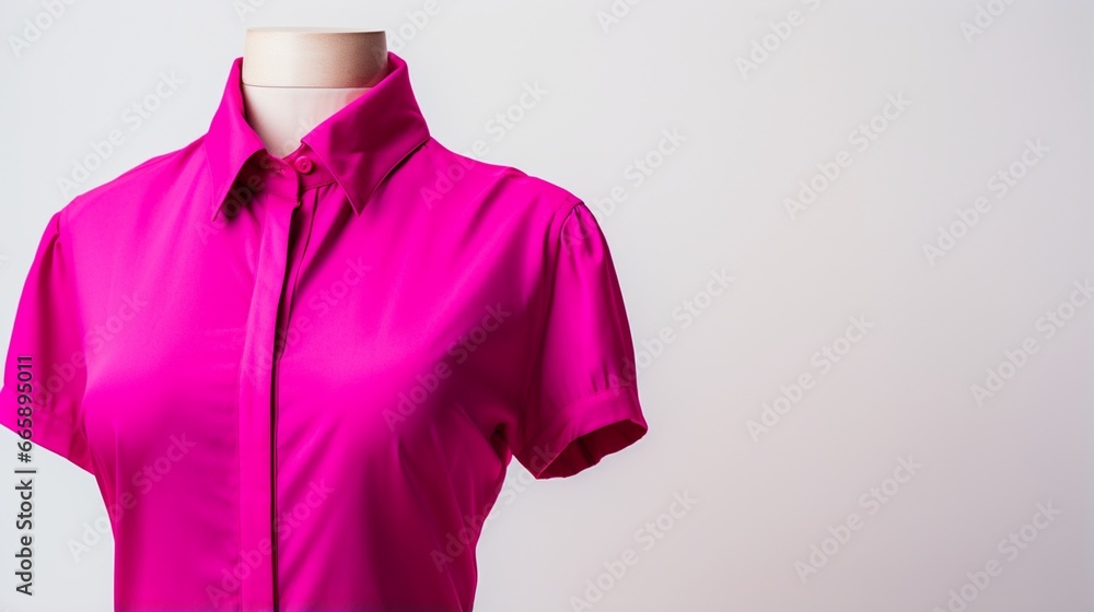 A vibrant magenta shirt adorning a mannequin against a plain white backdrop. A vibrant magenta shirt adorning a mannequin against a plain white backdrop.