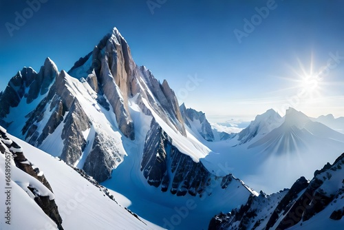 **A majestic view of snow-covered mountain peaks rising above the clouds. The stark contrast between the white snow, blue sky, and rugged terrain creates a striking backdrop. photo