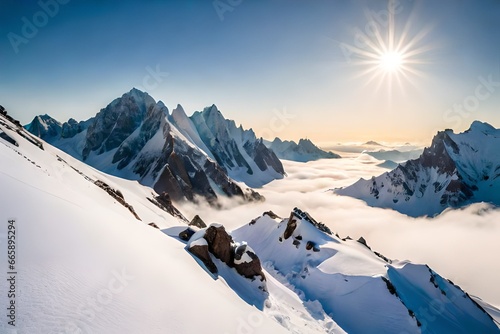 **A majestic view of snow-covered mountain peaks rising above the clouds. The stark contrast between the white snow, blue sky, and rugged terrain creates a striking backdrop. © Malik
