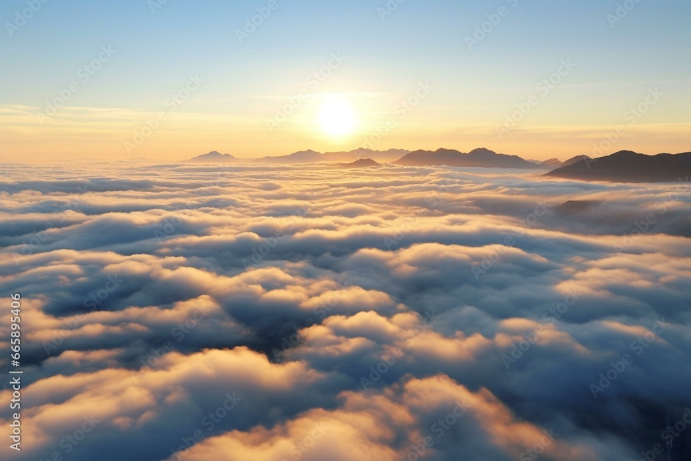 Aerial morning view above clouds and fog. Generative AI