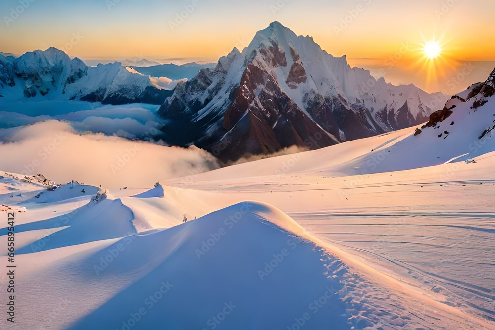 **A majestic view of snow-covered mountain peaks rising above the clouds. The stark contrast between the white snow, blue sky, and rugged terrain creates a striking backdrop.