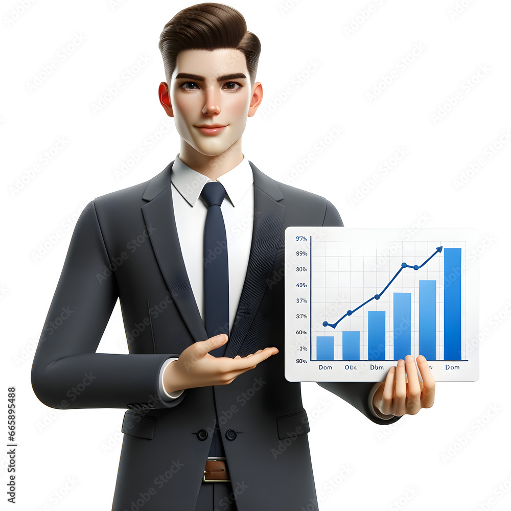 A business avatar in a suit, confidently presenting a virtual chart A business avatar in a suit, confidently presenting a virtual chart